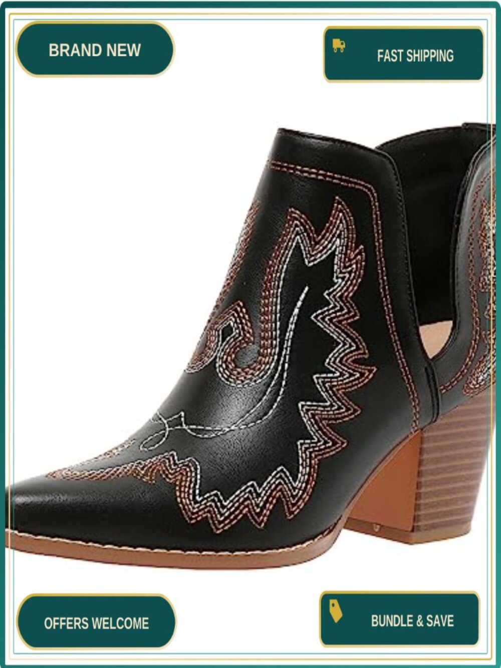 Women's Leather Cowboy Ankle Boots Pointed Toe Block Heel Embroidered